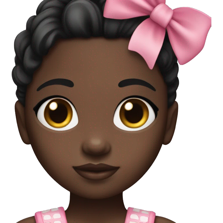 darkskin doll with pink bows and black straight hair and a cropped bandu top and dark brown eyes  emoji