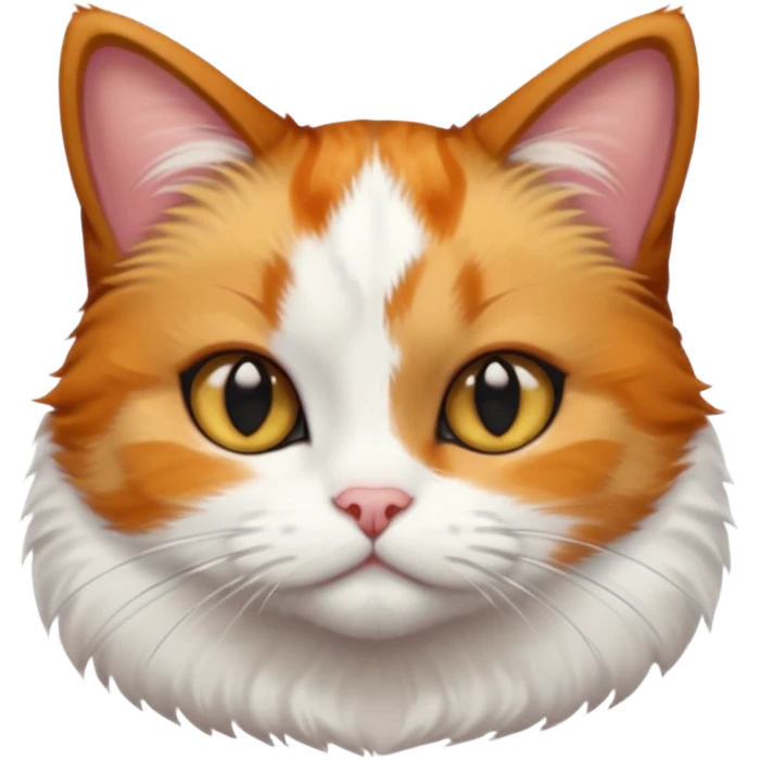calico and white cat with small head, hazel eyes, and short but chubby body emoji