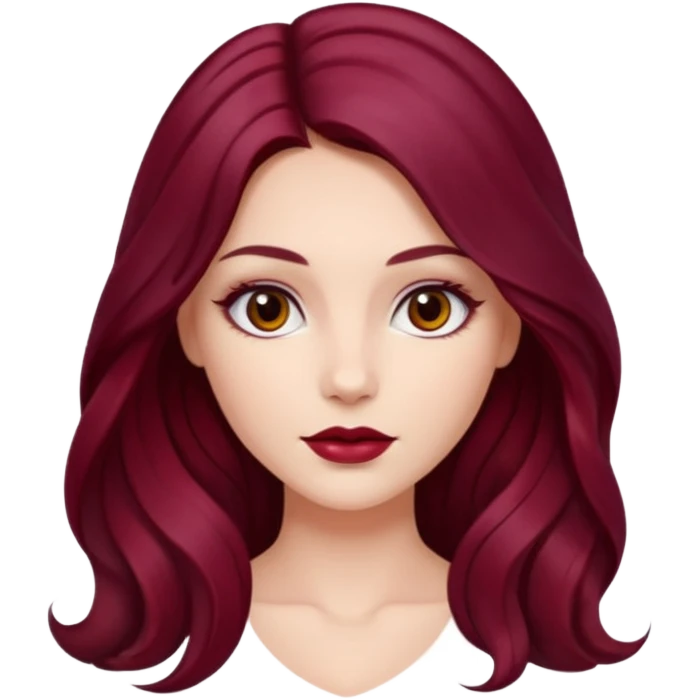 Draw a young glamorous woman with LONG dark burgandy cherry hair in a MIDDLE PART styled slightly wavy emoji