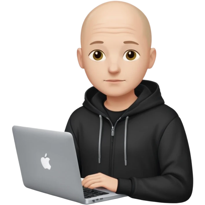 bald young programmer with MacBook wears hoodie  no scalp wrinkle emoji