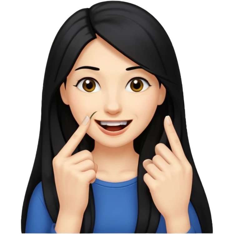 Haz una imagen de una mujer con cabello negro largo , con una sonrisa en su cara y la punta de su dedo indice mordido entre sus dientes emoji