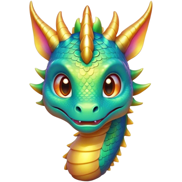 Cinematic Cute Dragon Portrait Emoji, Head tilted playfully and inquisitively, with a sleek, serpentine body adorned in iridescent scales and a charming, expressive face featuring subtle, delicate horns, round, sparkling eyes brimming with curious magic, Simplified yet irresistibly adorable features, highly detailed, glowing with a warm, enchanting glow, high shine, affectionate and mystical, stylized with a touch of whimsical fantasy, soft glowing outline, capturing the essence of a mischievous yet loving dragon that feels like it could slither out of the screen into your arms! emoji
