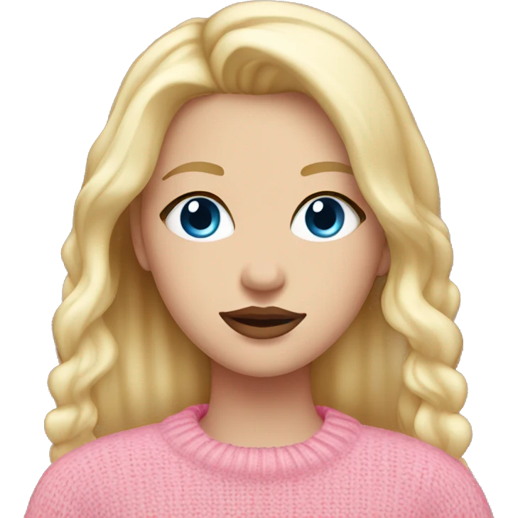 white girl, bleu eyes, blond staight hair, pink lips, pink sweater  emoji
