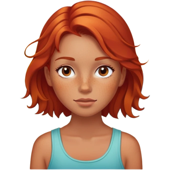 A red head girl with freckles on the beach overviewing the ocean and sunset emoji