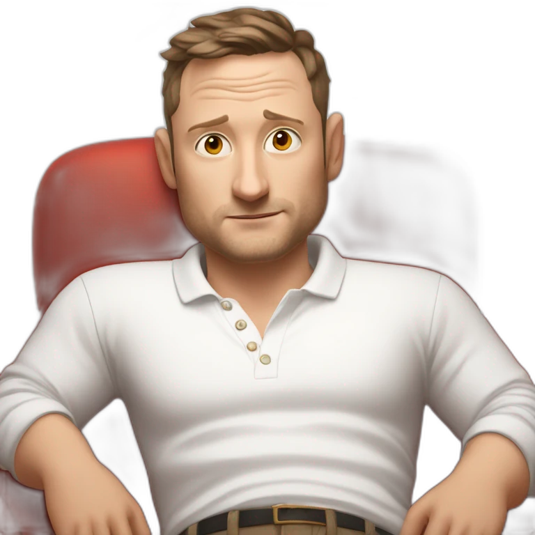 tim robinson very tired laying down on a red couch in a long sleeve white polo shirt, chest up clean shaven, laying flat across couch, arms at side emoji
