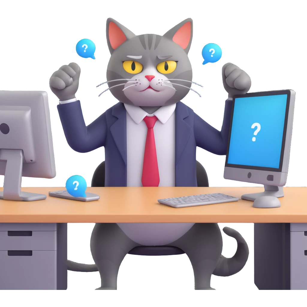 pissed off cat in business clothes arms crossed tail twitching angrily sitting at cubicle glaring at computer screen with chat bubbles of silly questions looking completely done with day emoji