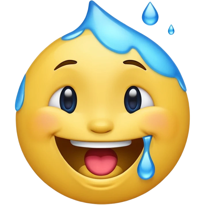 Emoji, yellow round laughing hysterically face, with blue tears of joy on it.  emoji