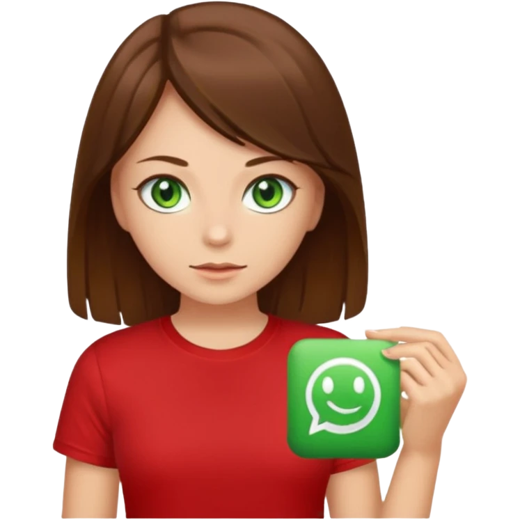 a girl with brown strait hair and has green eyes has a red t-shirt  emoji