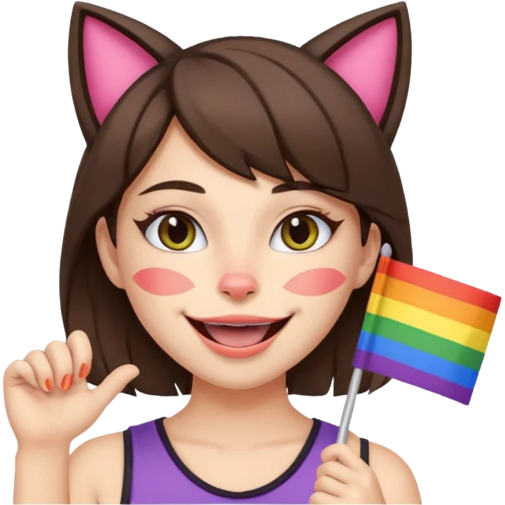 brunette girl with cat ears and doing cat pose with gay flag in mouth emoji