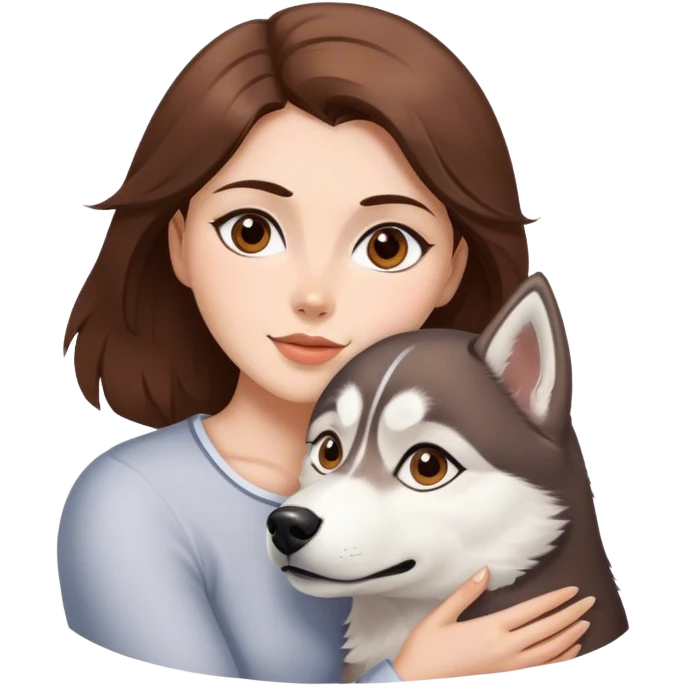 chica de piel blanca con el pelo castaño ojos marrones abrazando a husky ojos marrones  emoji