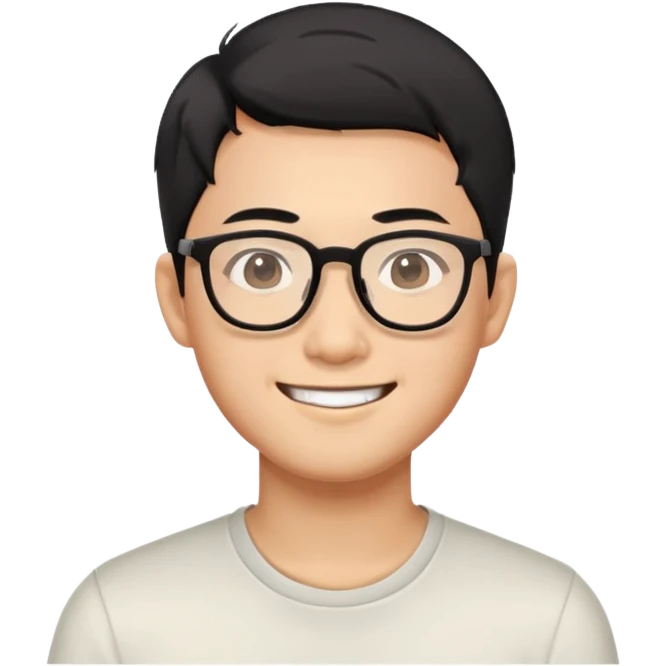 Asian man with short black hair, glasses, friendly smile, Josh Lim character emoji
