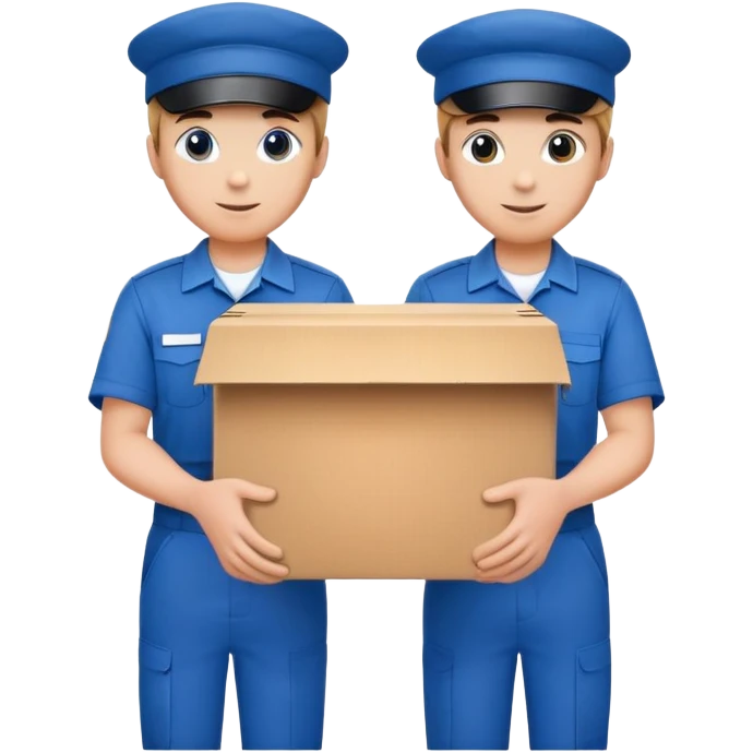 two workers in blue uniforms and caps holding a large box together emoji