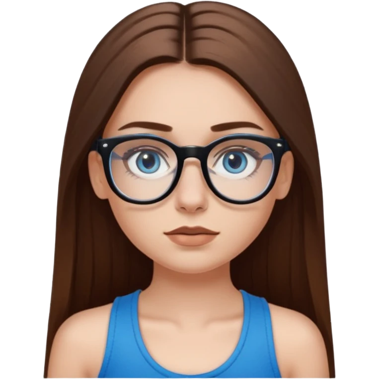 White girl with long straight brown hair and blue eyes wearing plastic frame glasses that go from black to clear ombré from top to bottom. Stud nose piercing on right side of nose and a septum piercing (the ring on bottom of nose). Wearing black tank top. emoji