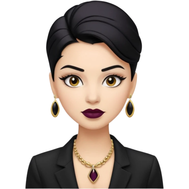 “Emoji girl, sculpted contour, bold dark lipstick, defined brows, sharp eyeliner, sleek black hair updo, statement necklace, black blazer.” emoji
