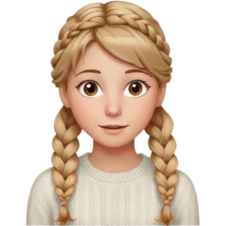 light brown hair blonde hair hazel eyes woman with a white cable knit sweater thatand one braid down her back  with tendrils of hair flowing down her face and she is happy pale, some freckles, blush. she has a cateye wing and long lashes emoji