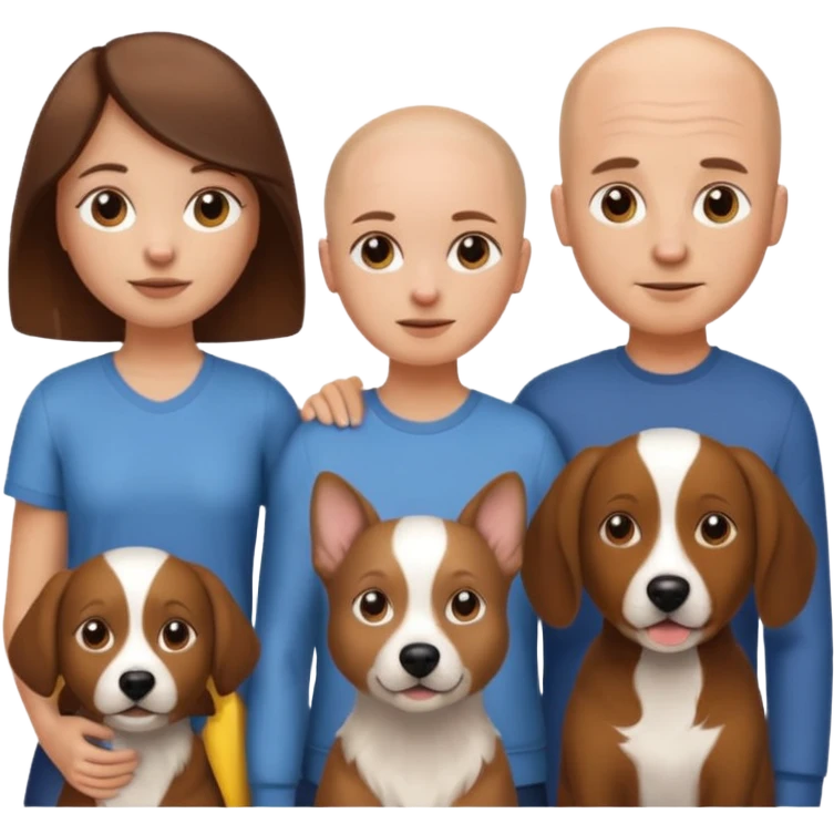 Male white emoji no hair , girl white emoji brown hair long , and an Aussie dog all together  emoji