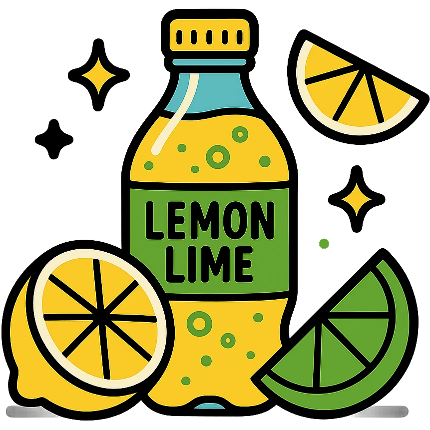 Place the bottle of lemon-lime soda with lemon and lime wedges on a solid black background, keep the TikTok-inspired vibrant cartoon style. emoji