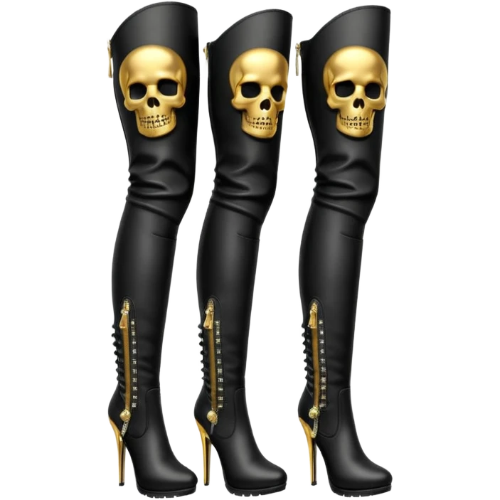 black color, zipper with sparkling silver and gold detailed  skull embellishment on side, thigh high boots emoji