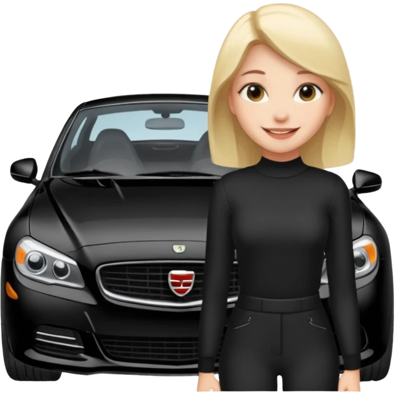 A fast, expensive black car with a young woman beside it emoji