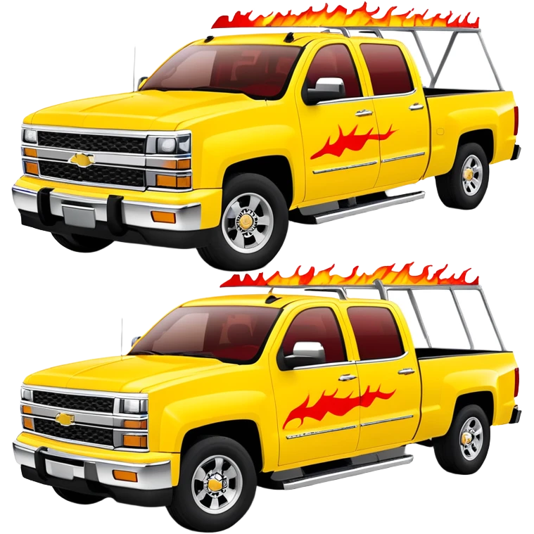 Yellow Chevrolet C-2500 Crew Cab with movie-accurate red flame vinyl graphic on the hood, exactly like the Kill Bill 'Pussy Wagon', 30-degree view, iOS emoji style emoji