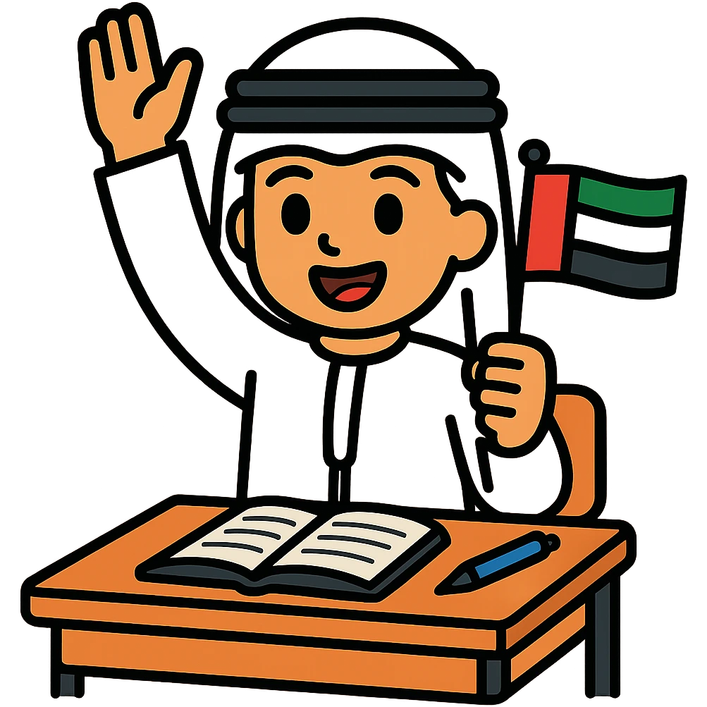 Transform the student character to have an Emirates theme, including traditional Emirati attire and the UAE flag visible in the scene, keeping the class participation context, with no background. emoji