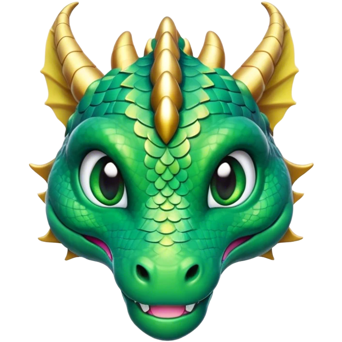 Cinematic Cute Dragon Portrait Emoji, Head tilted playfully and inquisitively, featuring a sleek, serpentine form adorned with iridescent scales that shift between emerald and gold, a delicate set of subtle horns, and round, sparkling eyes full of curious magic; rendered with realistic detail and warm natural light, high shine, affectionate and enchanting, styled with a touch of whimsical fantasy, soft glowing outline, capturing the essence of a mischievous yet lovable dragon that seems poised to slither playfully into your arms! emoji