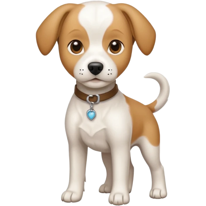 a full body white beagle x maltese x chi dog the size of a kelpie with light brown ears and a light brown patch on one eye emoji