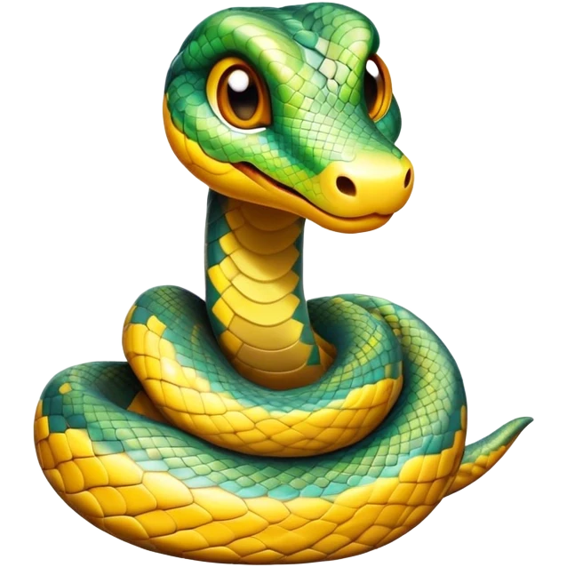 Cinematic Cute Python Portrait Emoji, Head tilted playfully and inquisitively, with a sleek, patterned body accented by vibrant scales and round, sparkling eyes full of charm, Simplified yet irresistibly adorable features, highly detailed, glowing with a warm, inviting glow, high shine, affectionate and lively, stylized with a touch of exotic whimsy, bright and endearing, soft glowing outline, capturing the essence of a mischievous yet loving python that seems as if it could slither out of the screen into your arms! emoji