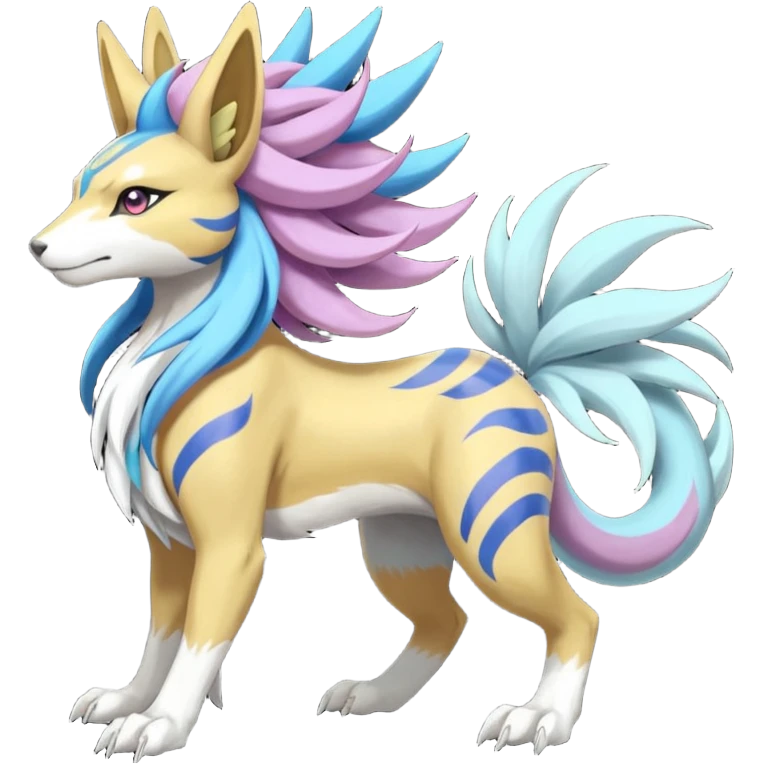 Colorful Skilled Adept Graceful Asian Painted WereGarurumon-Suicune-Linoone-Meloetta-Renamon-fusion-hybrid-creature (full body) emoji