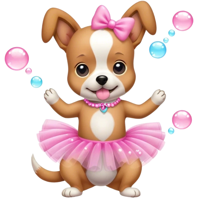 a dog wearing a pink tutu and bubbles emoji