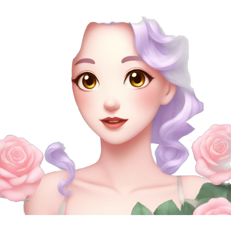 Gorgeous pastel shiny pearly anime style lady with blushing face and roses leaves shiny aesthetic trending style emoji