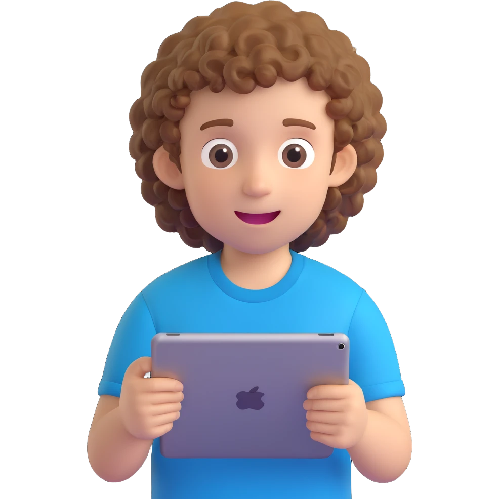 kid holding an iPad, boy with curly hair, blue t-shirt, excited expression emoji