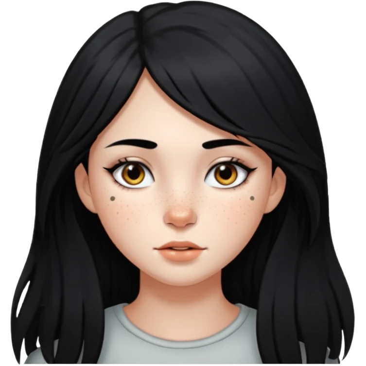 Girl with long wolf cut black hair freckles on her cheeks and have black eyes emoji