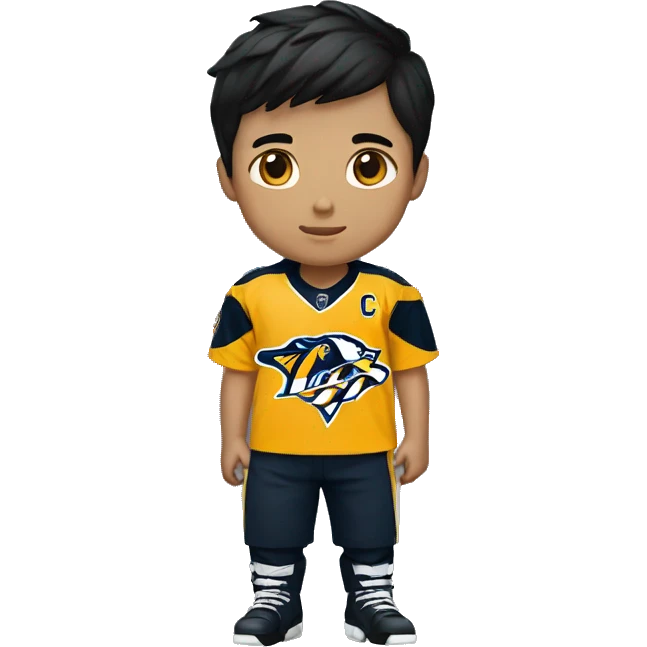 Korean Boy Wearing a Nashville predators jersy and black pants standing emoji