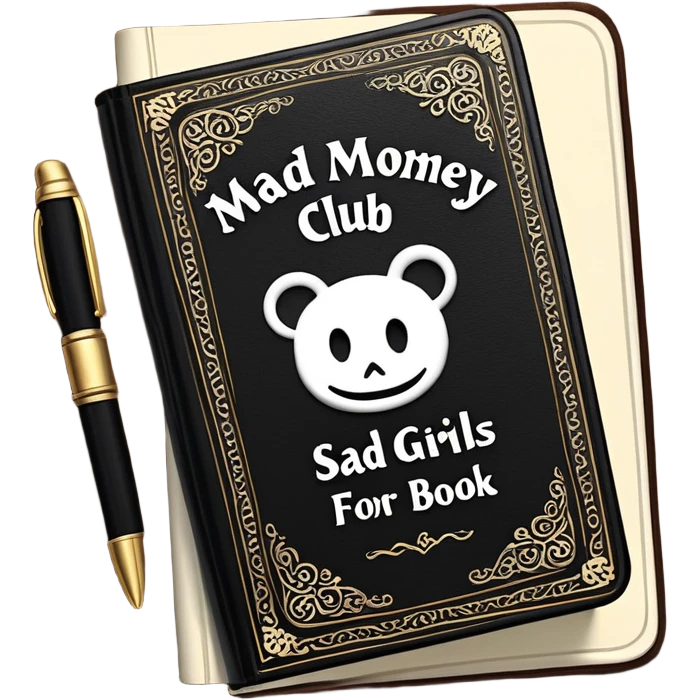 black book with ornate white text and borders. The book’s cover reads: “Mad Money Club - Rules Book - For Sad Girls.” emoji
