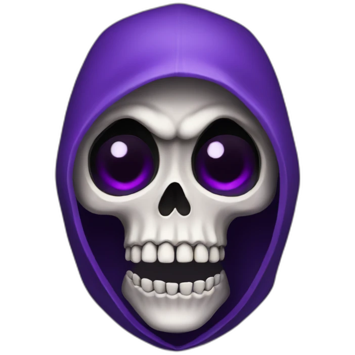 A skeleton in a black hood, purple eyes, angry emoji