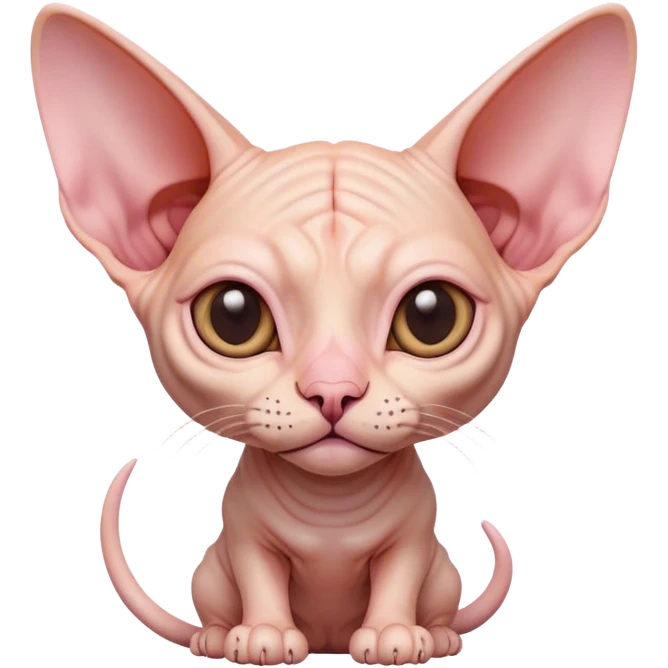 Cinematic Cute Sphynx Cat Portrait Emoji, Head tilted playfully and inquisitively, soft, wrinkled skin in warm peach and pink hues, oversized ears and wide, expressive eyes filled with curiosity, Simplified yet irresistibly adorable features, highly detailed, glowing with a warm, friendly glow, high shine, affectionate and lively, stylized with a touch of whimsy, bright and endearing, soft glowing outline, capturing the essence of a mischievous yet loving kitten, so playful it feels like it could pounce out of the screen and into your arms! emoji