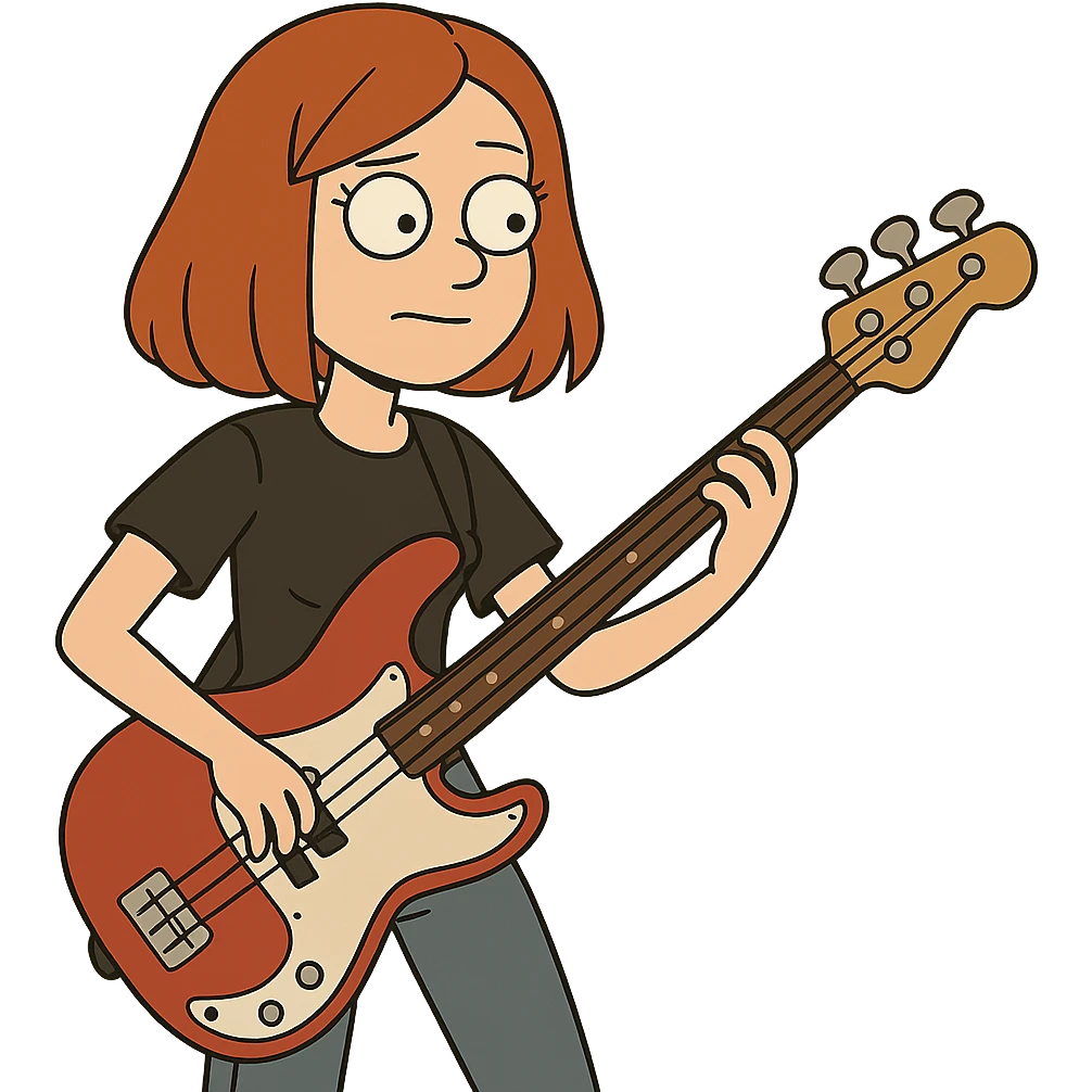 girl with red hair and red bass guitar, long bob hairstyle emoji