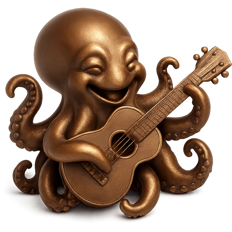 happy octopus with multiple arms playing guitar, bronze sculpture style emoji