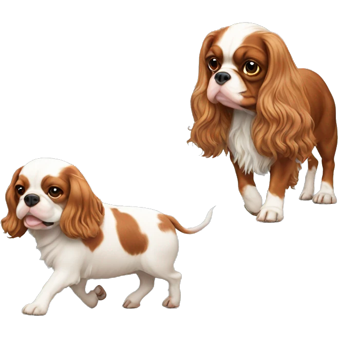 King Charles spaniel walking a pig emoji