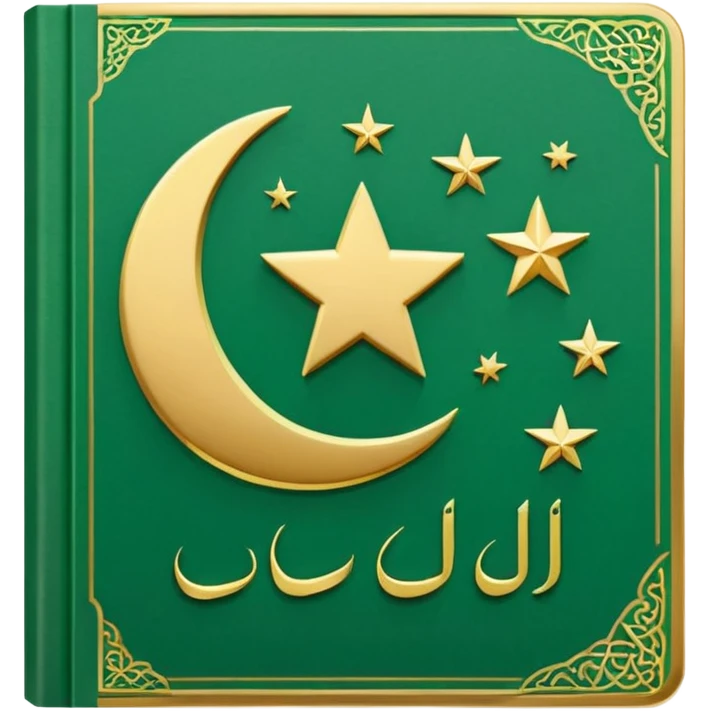 Closed Quran with the Islamic Symbol on it (moon and star) green from left to right emoji