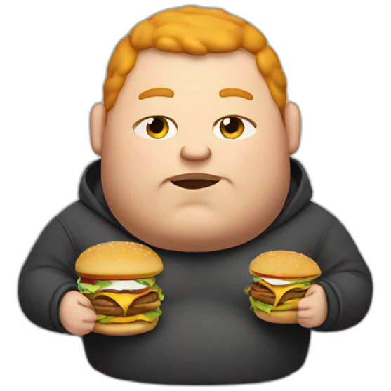 Fat man wearing a hoodie and headphones, ginger, eating a burger emoji