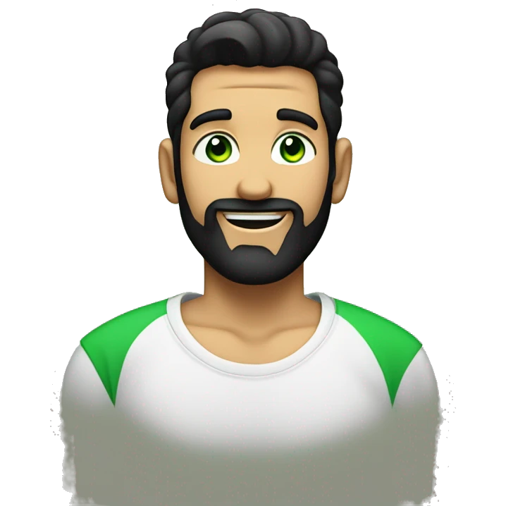 Slick back black hair, short bearded man with green eyes laughin, muskular in a black t sh emoji