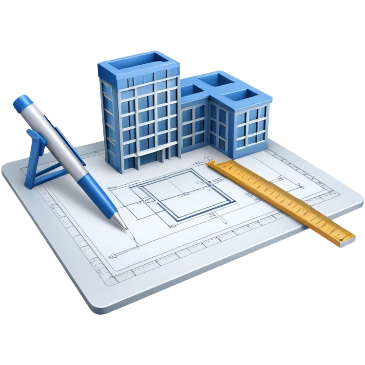 Create a sleek and modern icon representing Architecture, featuring an engineer's drawing board with blueprints of a building and rulers. The design should be visually sophisticated, clean, and professional, without any emojis. The background should be transparent. emoji