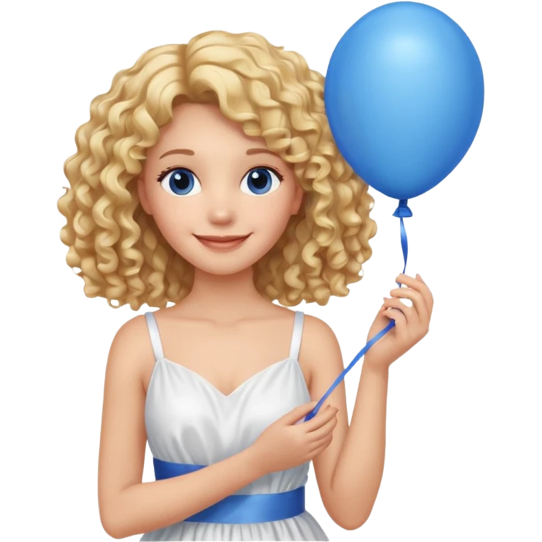 Woman curly long blonde with blue balloon, white dress emoji