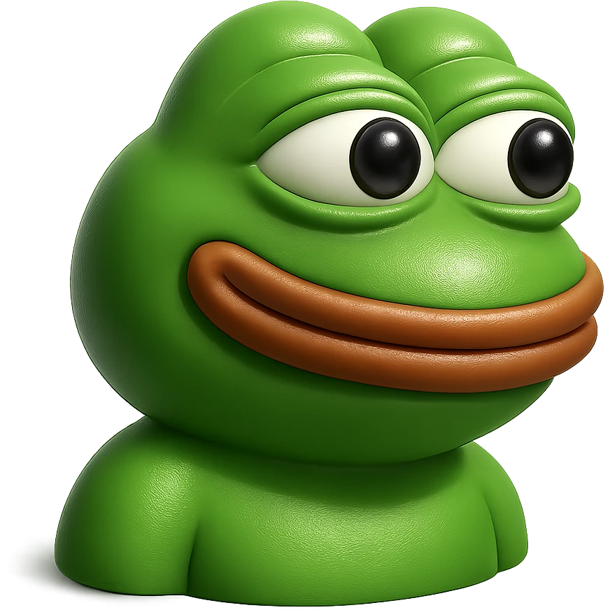 make a pepe in bright green smiling with thought bubble looking at right side in 3d style, good highlights and shadows, drop shadows emoji