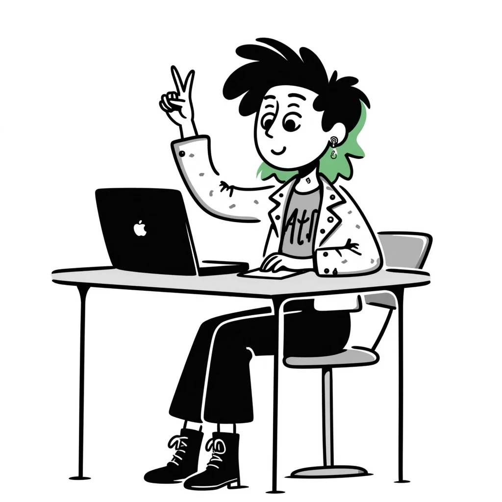 Alternative rocker girl with green and black hair, nose ring, neck tattoo, wearing combat boots and studded leather jacket, confidently raising hand while sitting at desk with laptop in music class emoji
