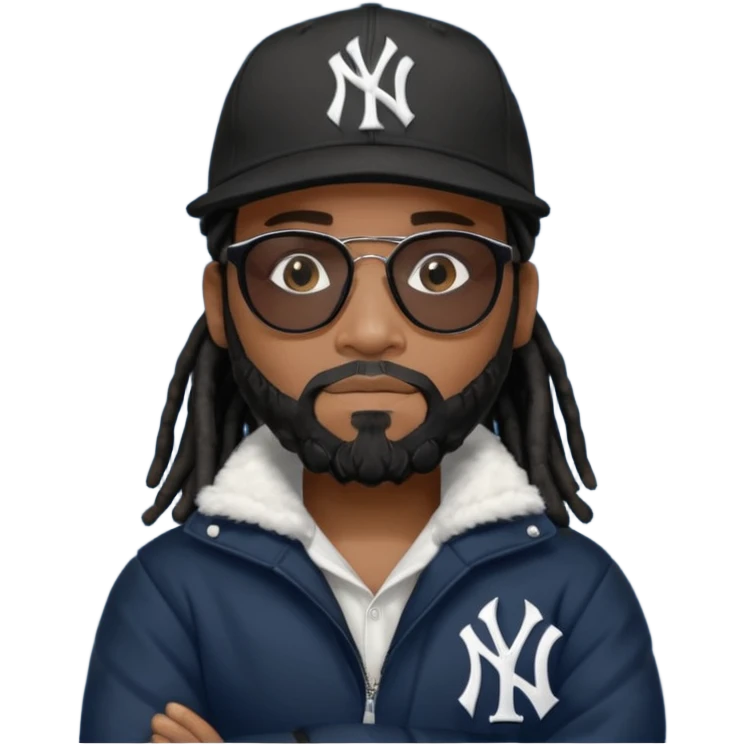 African American man with shoulder length black dreadlocks and black beard wearing black sunglasses with a New York Yankees baseball cap wearing a dark black bubble winter coat with arms folded emoji