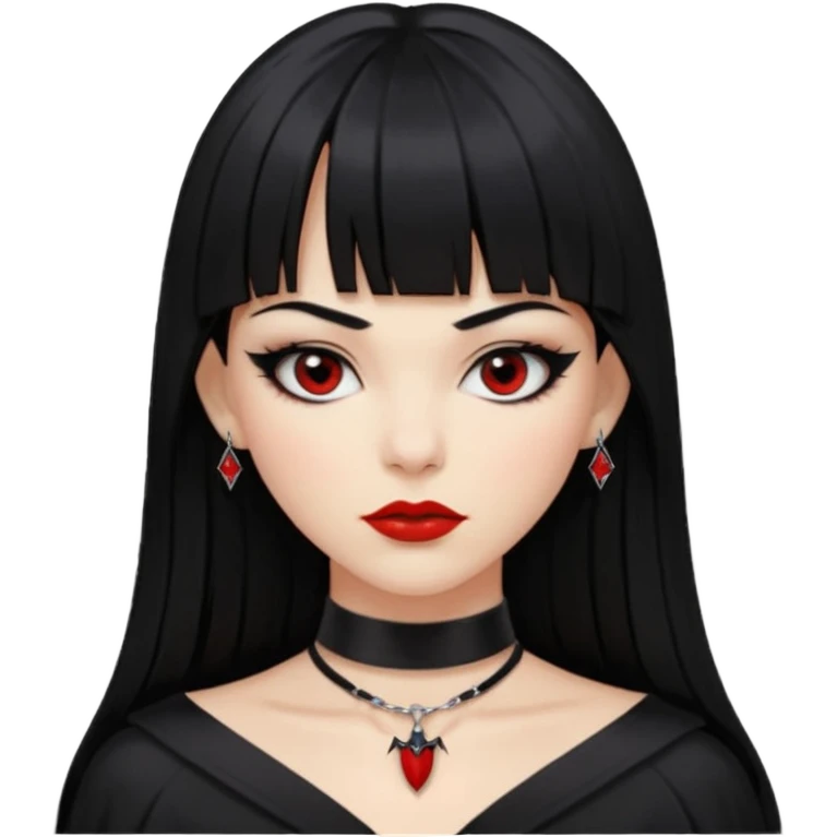mulher cabelos pretos longos e lisos com uma franja curta acima dos olhos, olhos pretos com delineado, expressão séria, com um sorriso sensual e lábios vermelhos, ela usa uma gargantilha preta com um pequeno pingente de morcego preto e roupa com decote nos seios emoji