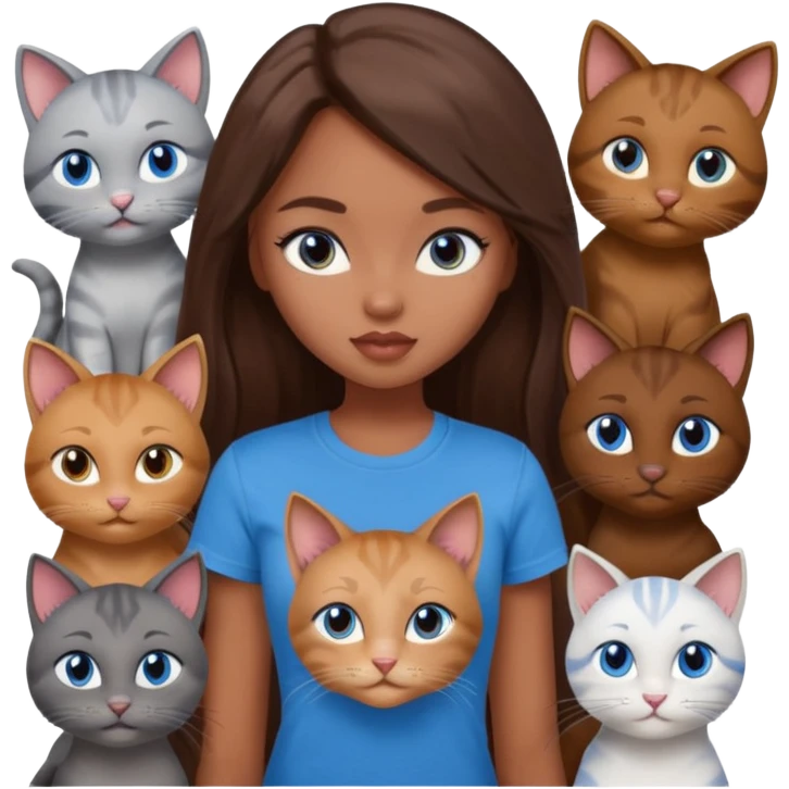 a pretty bratz dusky girl with long brown hair, blue eyes with six cats nd wearing a grey tshirt emoji